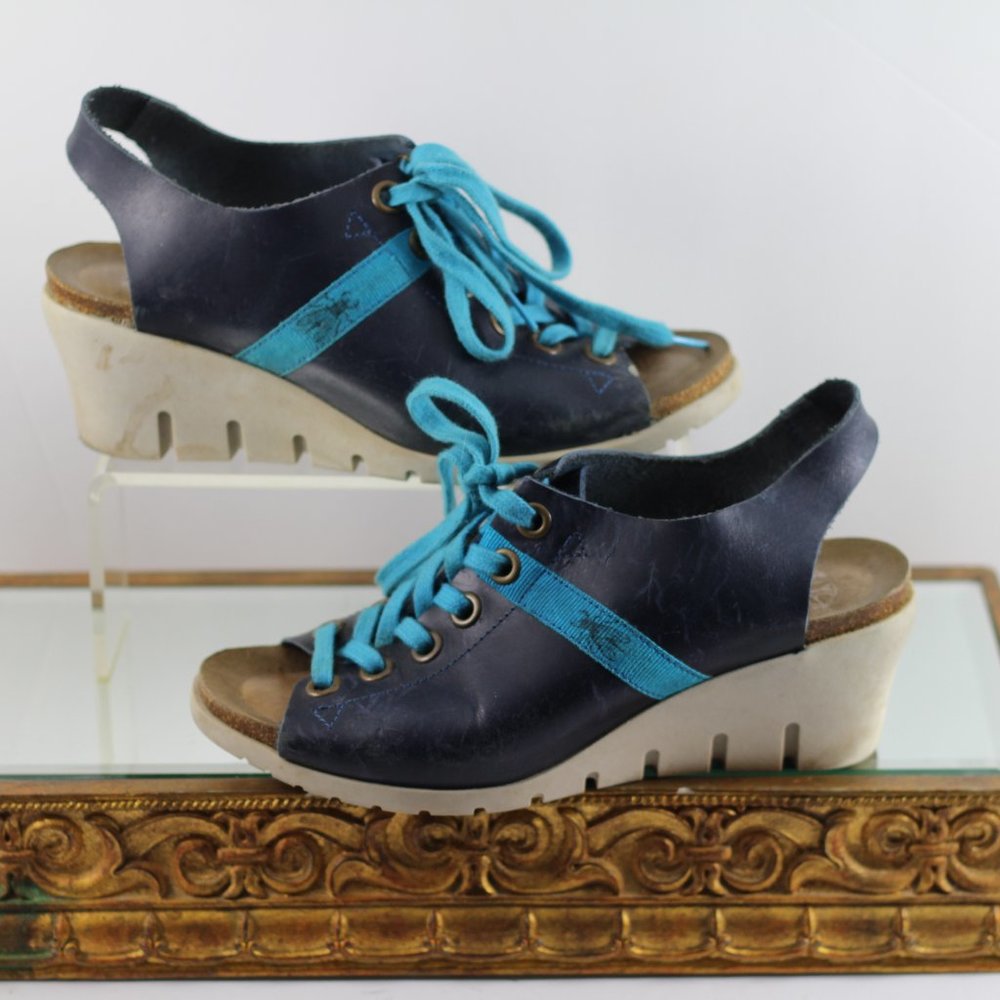 Vintage Fly Girl Blue Leather Peep Toe Wedges